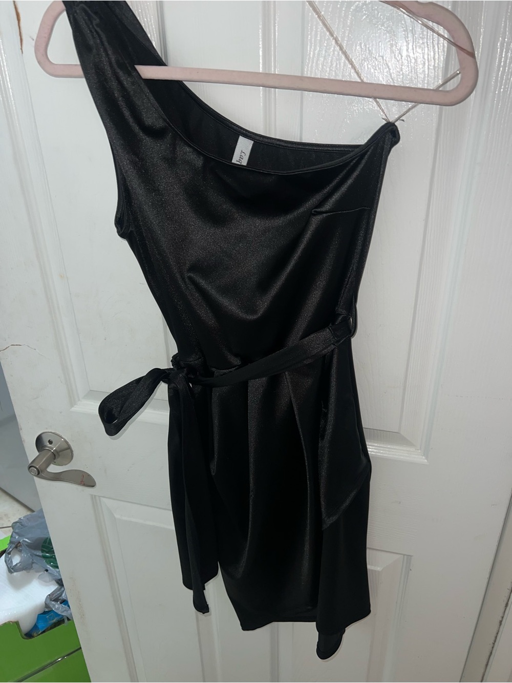 One-Shoulder Black Satin Dress with Waist Tie classic short firm fitting size sm